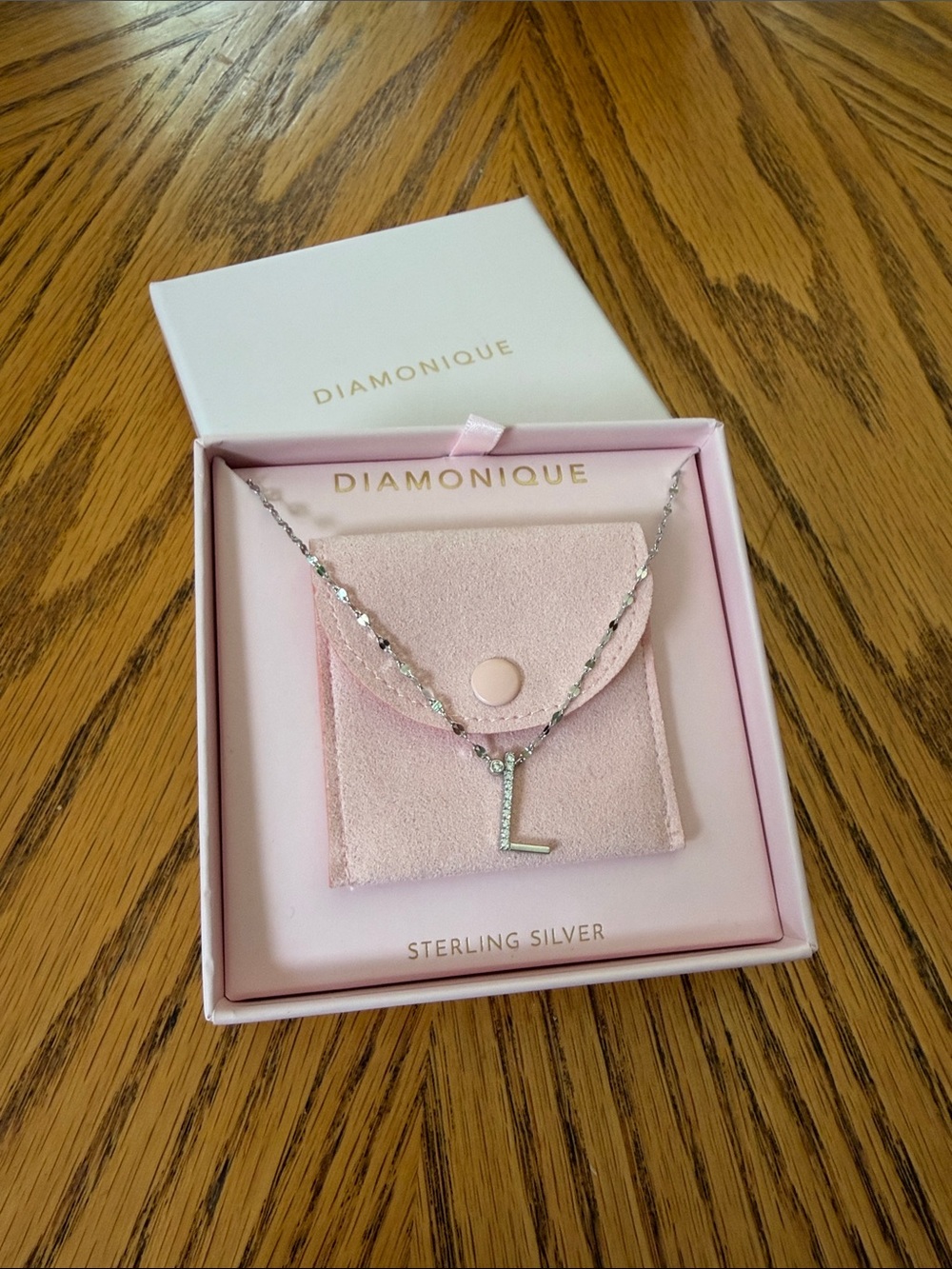 Diamonique Rhodium Plated Sterling Silver Necklace “L”
